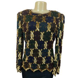 Vtg Laurence Kayan Women’s Black and Gold Beads Sequines Long Sleeve Shirt Sz S